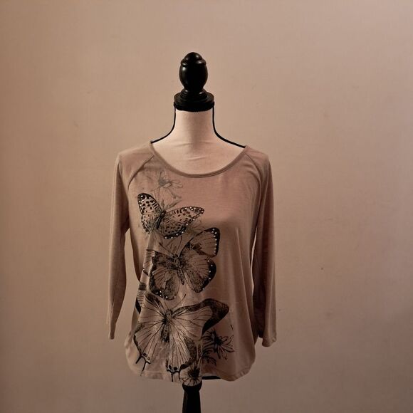 Faded Glory top women's medium M tan butterfly print rhinestones y2k 00s boho - Picture 1 of 12
